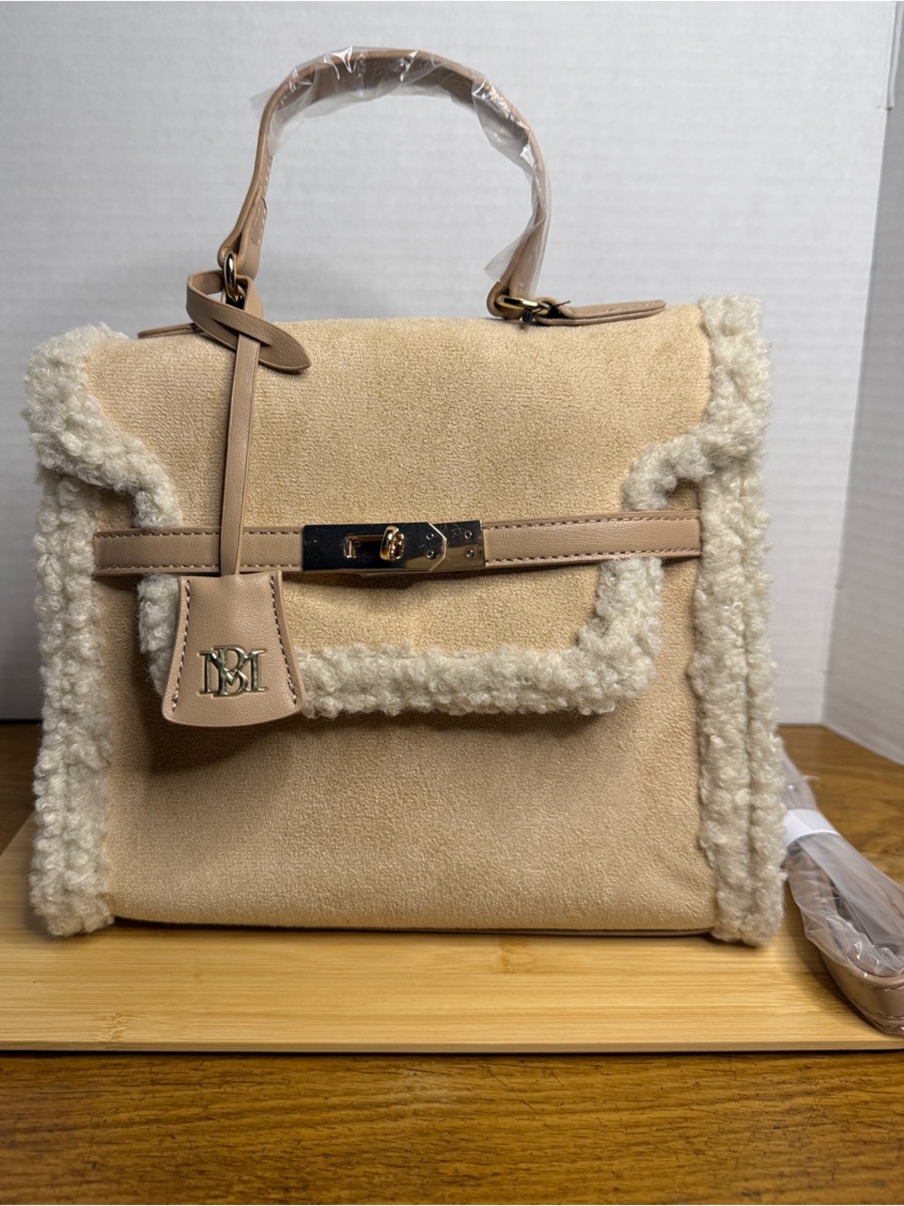 Badgley Mischka Beige Shearling-Trim Suede Top-Handle Satchel